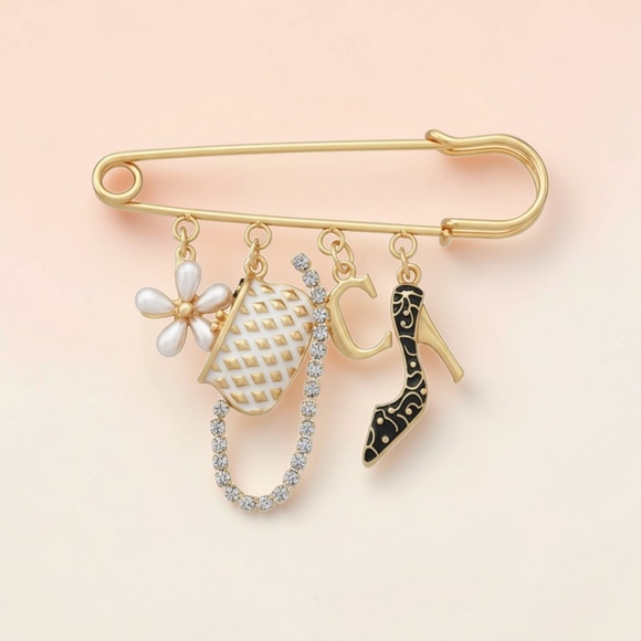 Gold Charm Safety Pin Brooch with Black & White Enamel Charms - Picture 2 of 3